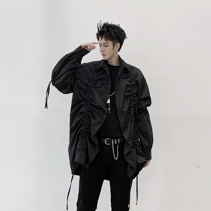 

2020 new trend fashion retro big bubble sleeve drawstring fold shirt male loose silhouette lantern sleeve shirt, Black