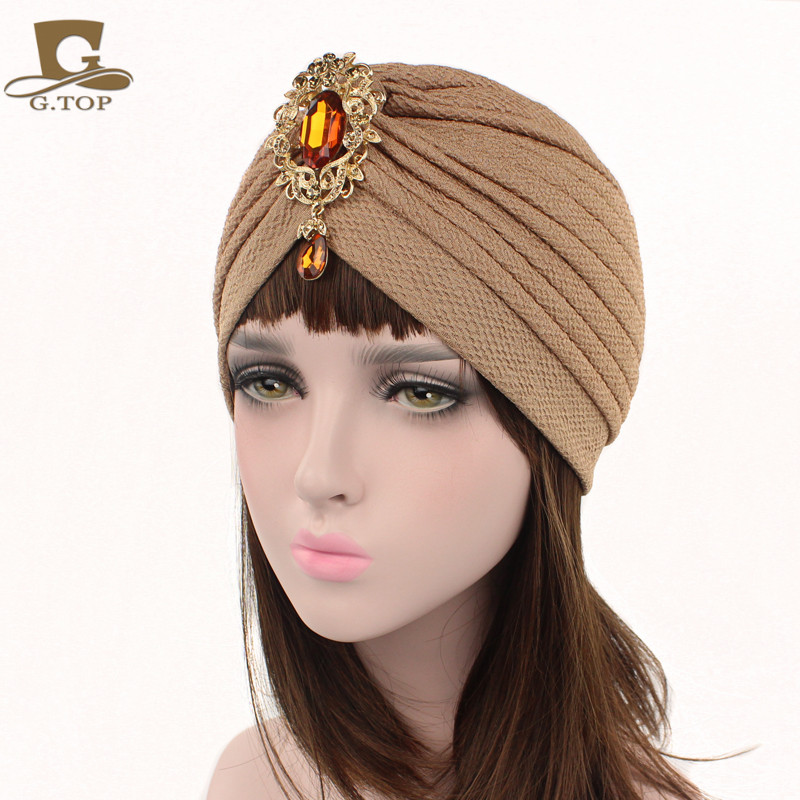 

Muslim Turban with Pendant Women Day Night Cap Fashion Cotton Head Wear Ladies Headwrap Jewelry Hair Accessories