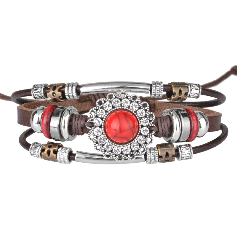 

Handmade Boho Jewelry Leather Bracelets red Turquoises Multilayer Triple Beaded Wrap Bracelet for Men Women gift