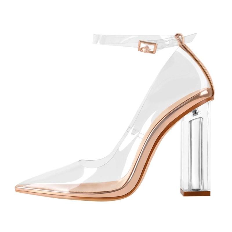 

Richealnana Women PVC Pointed Toe Buckle Clear Chunky High Heels Transparent Strip Big Size Summer Sandals, P2036a