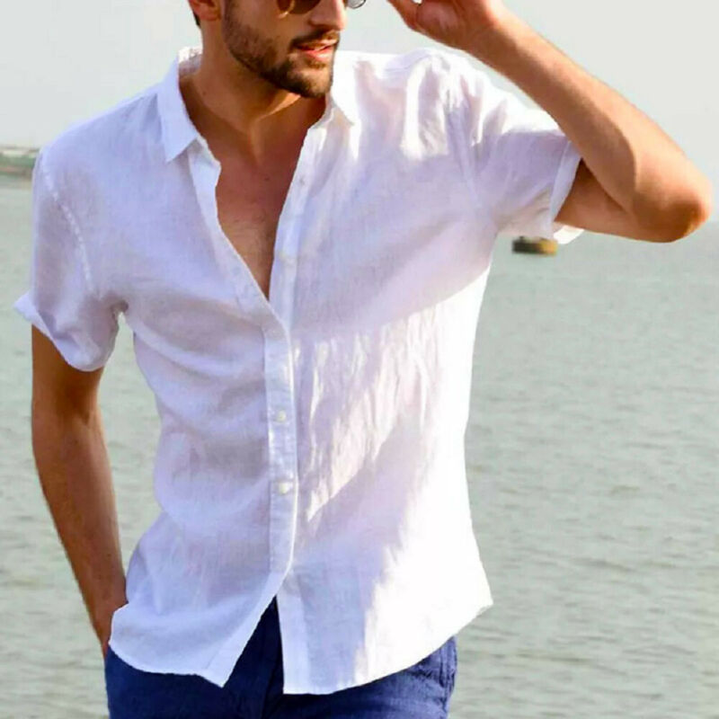 

Classic Mens Cotton Short Sleeve Summer Solid Shirts Casual Loose Dress Soft Tops Tee Solid Turn down Collar Men shirt chemise, White;black