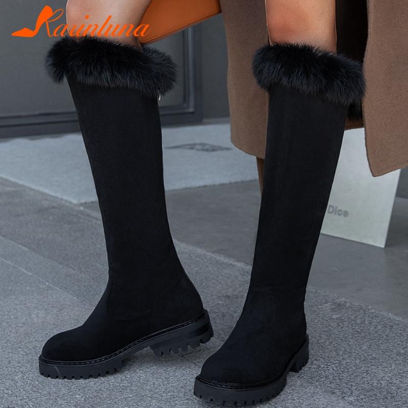 

Karin On Sale High Quality Snow Winter Flock Plush Knee High Boots Round Toe Solid Square Thick Heels Female Shoes, Black