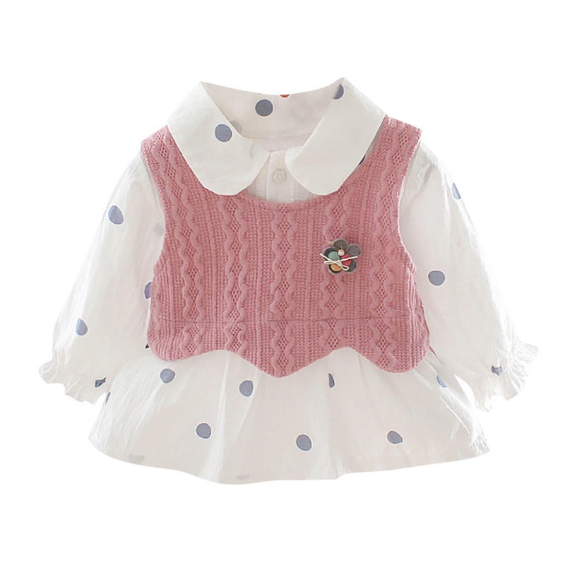 

Two Piece Children Summer Round Collar Girls Cute Long Sleeved Sweet Princess Dress+Knit Vest