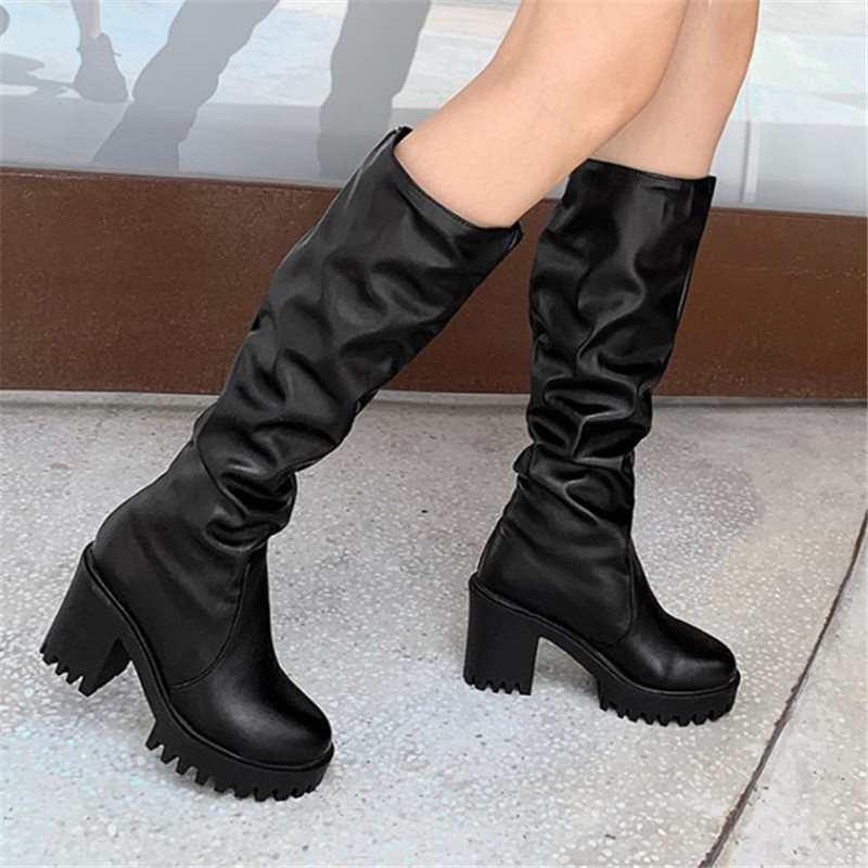 

PXELENA Vintage Pleated Women Punk Rock Gothic Mid Calf Boots Block Chunky High Heels Slip On Shoes Black White Plus Size 34-43