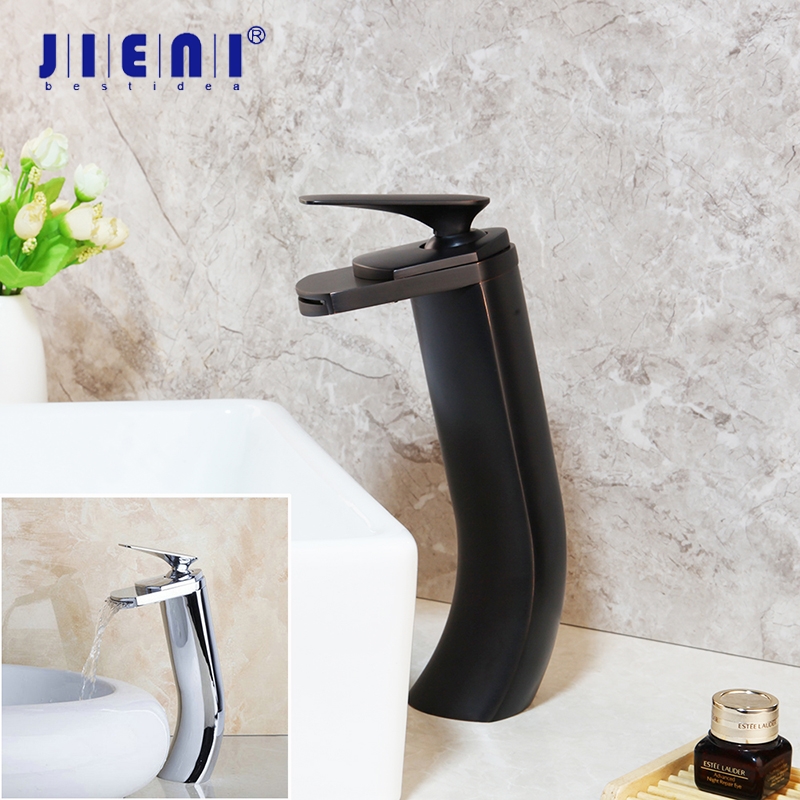 

JIENI Tall Solid Brass ORB Deck Mount Waterfall Spout Victory Bathroom Basin Sink Mixer Tap Chrome Brass Faucet