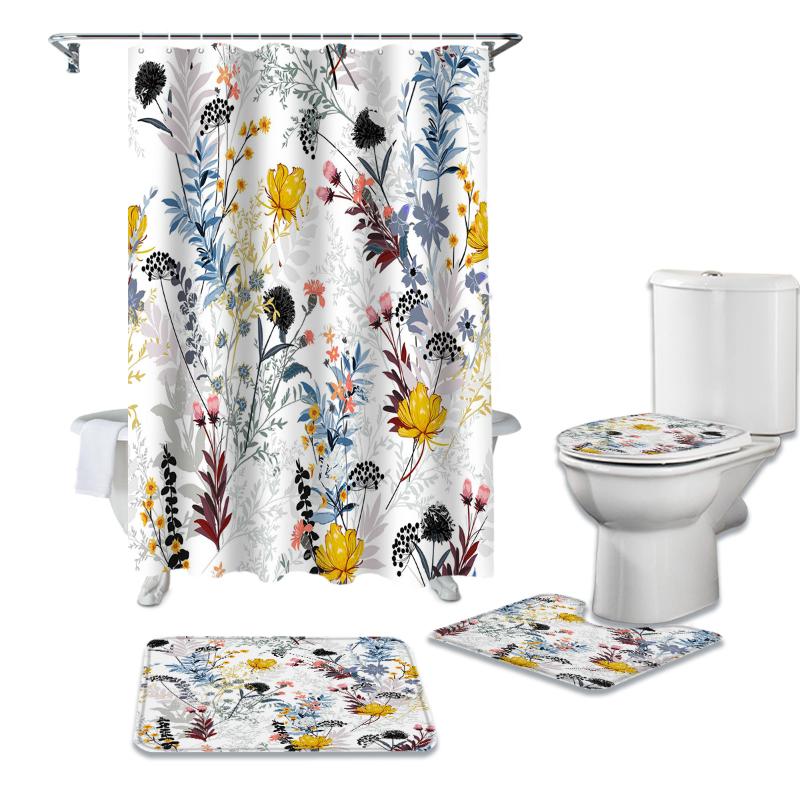 

Flower Plant Dandelion Leaves Shower Curtain Sets Non-Slip Rugs Toilet Lid Cover and Bath Mat Bathroom Curtains Set