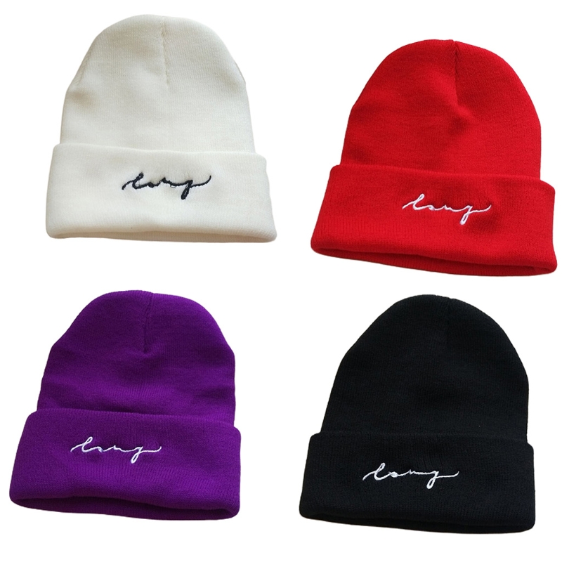 

Winter Warm Knitted Beanie Cap Solid Color Letters Embroidery Cuffed Skull Hat A2UA