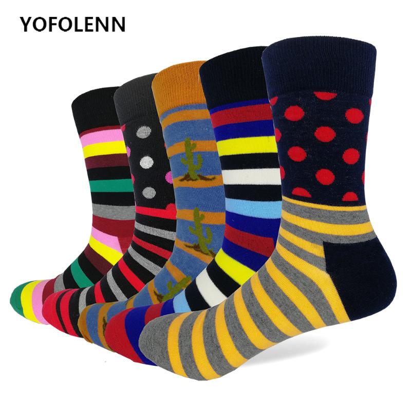 

5 pair/lot Men's Funny Colorful Combed Cotton Socks High Quality Striped Dot Casual Crew Happy Socks Wedding Gift Wholesale, 5-007