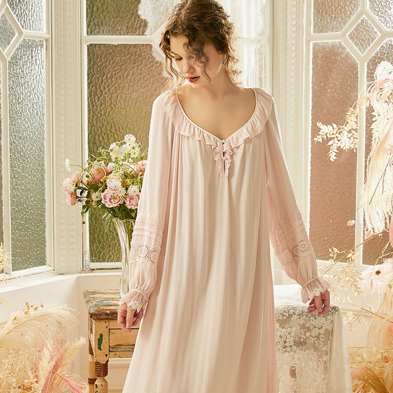 

New Vintage White /Pink Viscose Women' Long Nightgowns Loose Plus Nightwear Elegant Autumn Spring Comfortable Long Night Dress