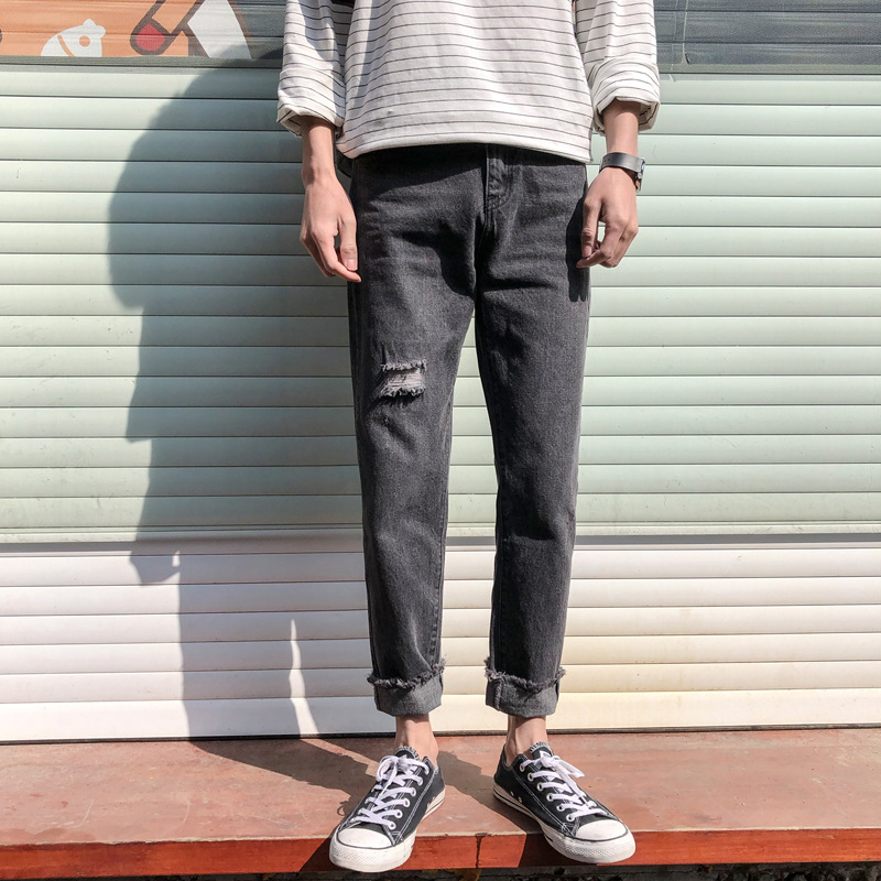 

Denim Jeans men' spring autumn ripped feet ankle length pants solid color straight pants beggar trendy handsome trousers, Black