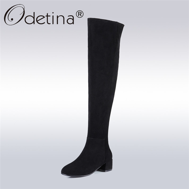 

Odetina 2020 Fashion Genuine Leather Women Over The Knee Boots Winter Warm Cow Suede Thigh High Boots Chunky Heel Plus Size 45, Black