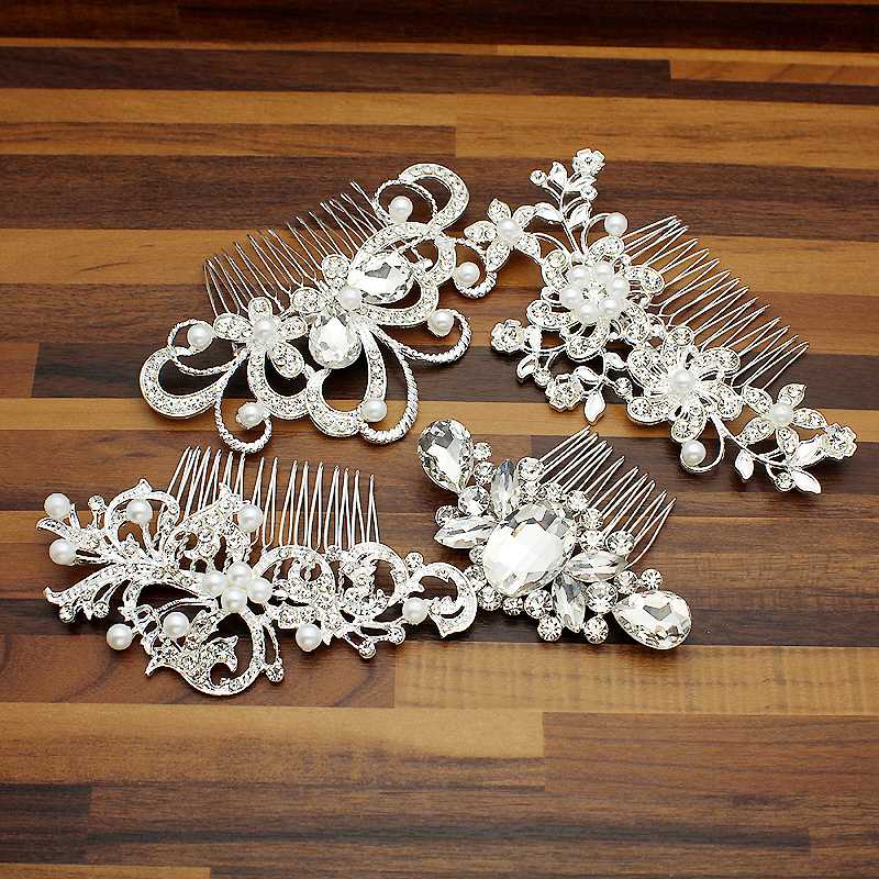 

Fashion Silver Color Crystal Wedding Hair Comb Diamante Headpiece Floral Pearl Bridal Combs For Women Prom Hair Accessories