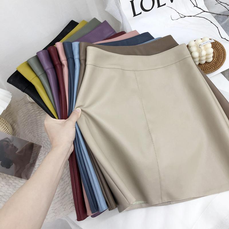 

High waist leather short skirt female autumn and winter simple leather skirt A-line, Beige