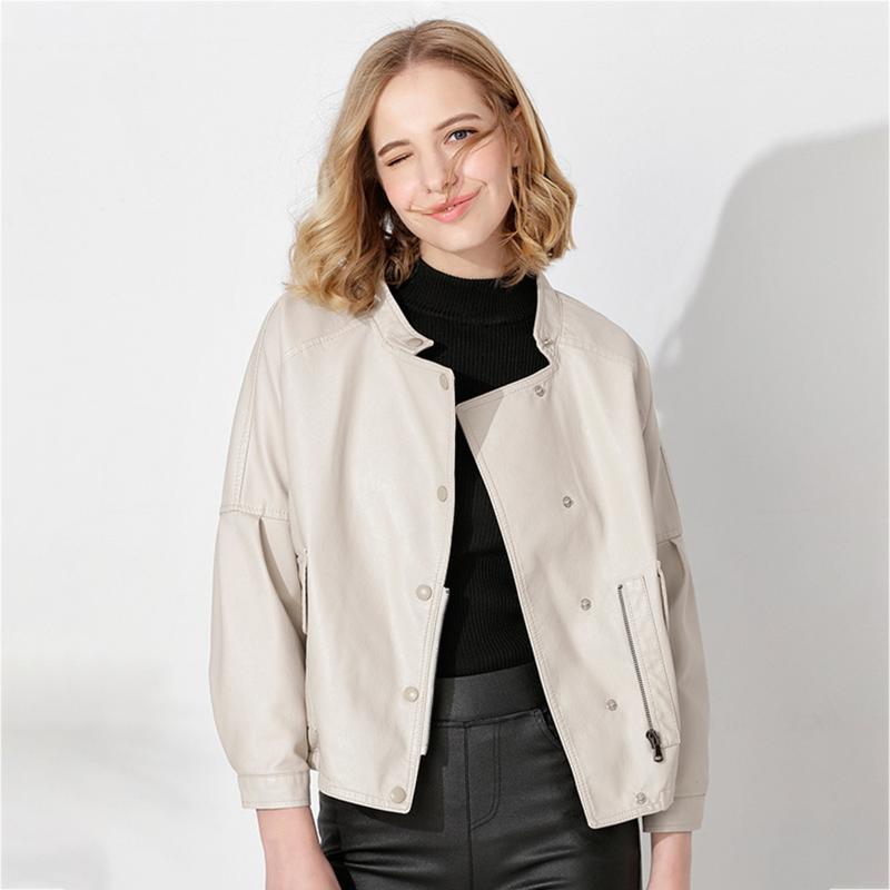 

2020 Pockets Zipper Solid Leather Jacket Women Autumn Winter Long Sleeve Round Neck Jackets Casual Vintage Punk Rock PU Jacket, Beige