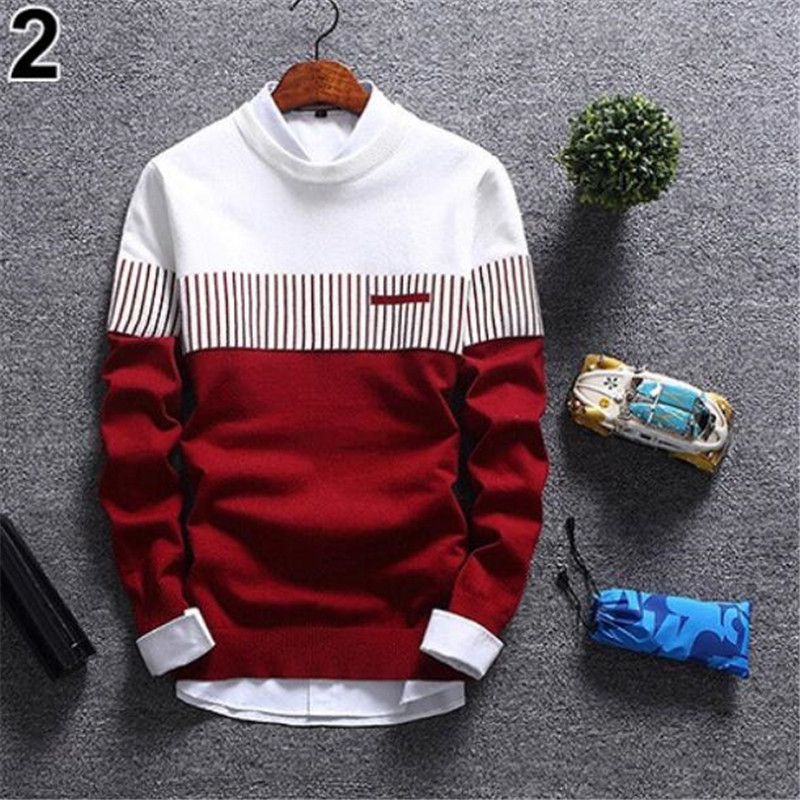 

Men's Autumn Fashion Casual Strip Color Block Knitwear Jumper Pullover Sweater, 829 red wine