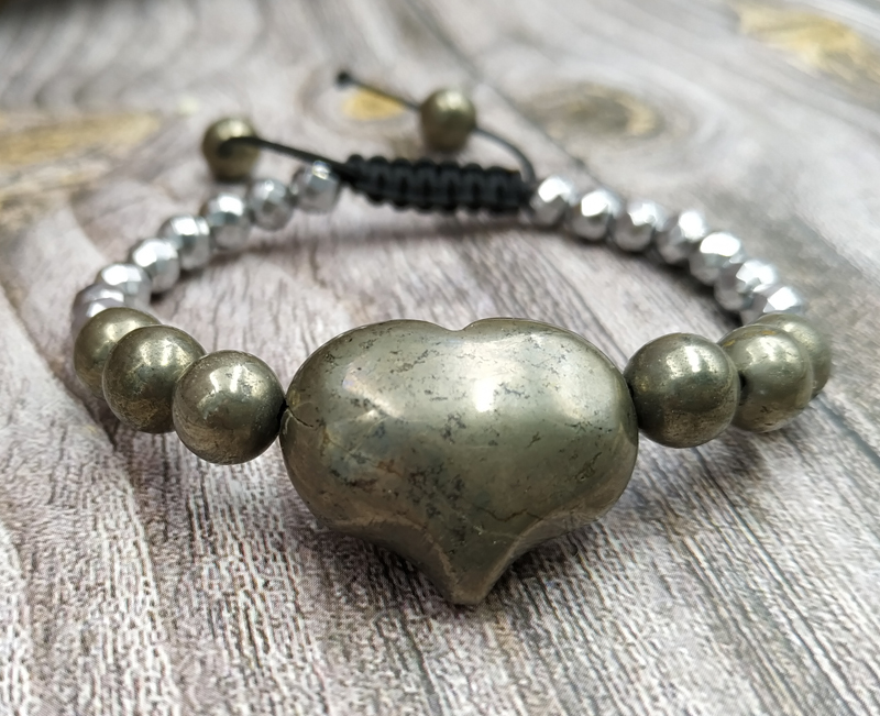 

YA4060 Natural Pyrite Heart Stone Hematite Beads Knot Cord Bracelet Adjustable