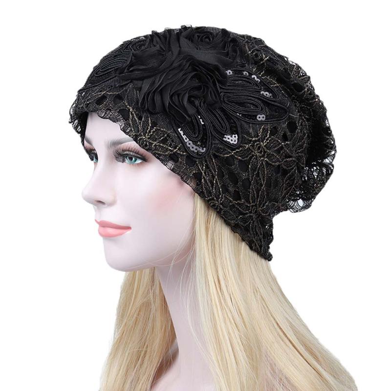 

Women Lace Flower Caps Slouchy Baggy Head Cap Chemo Beanie Cancer Hat Turban Warm Chemotherapy Hat Cappello Donna #YJ, Black