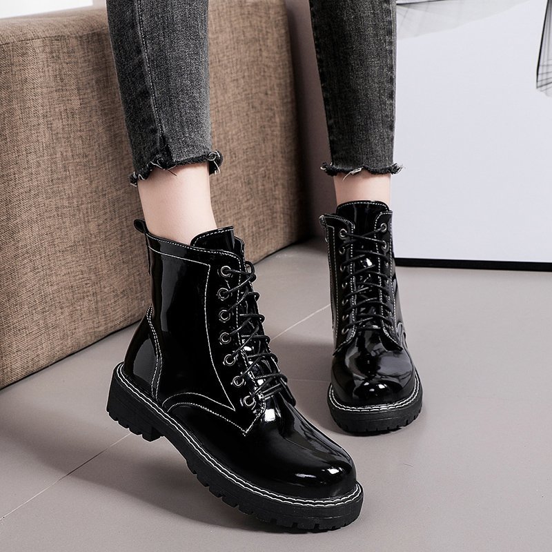 

Lucyever Patent Leather Black Ankle Boots for Women Autumn Mid Heel Platform Shoes Woman Waterproof Lace Up Short Boots Female, Blackmatte
