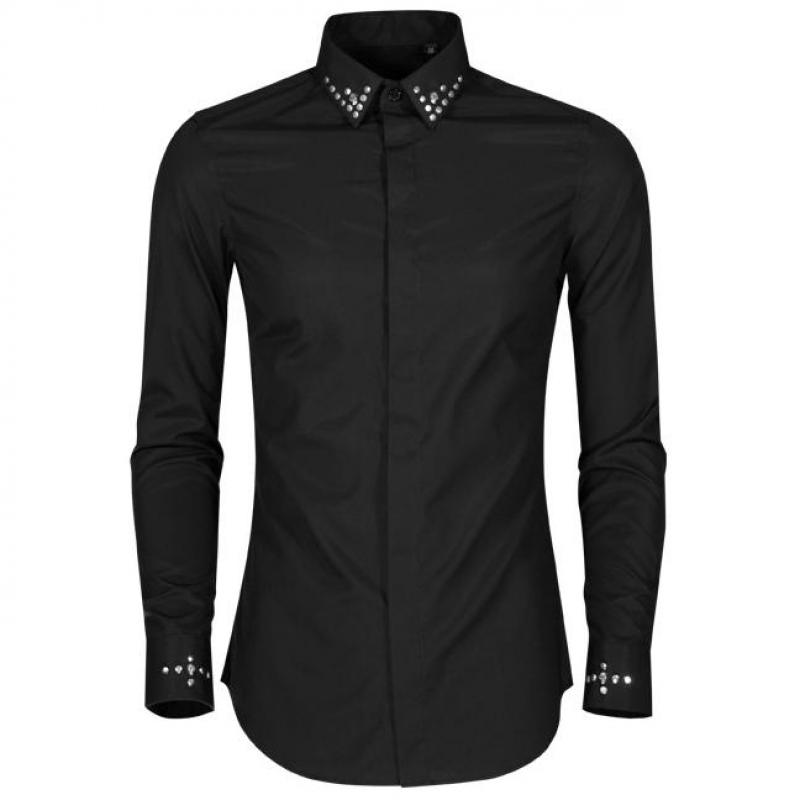 

Rivet Luxury Metal Collar Long Sleeve Mens Dress Plus Size 4xl Slim Casual Party Nightclub Shirts Man, Black