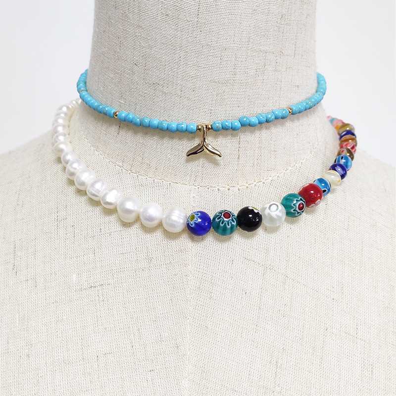 

100% handmade beaded necklace natural freshwater pearl colorful pattern beads stitching trendy charm necklace gift for girls