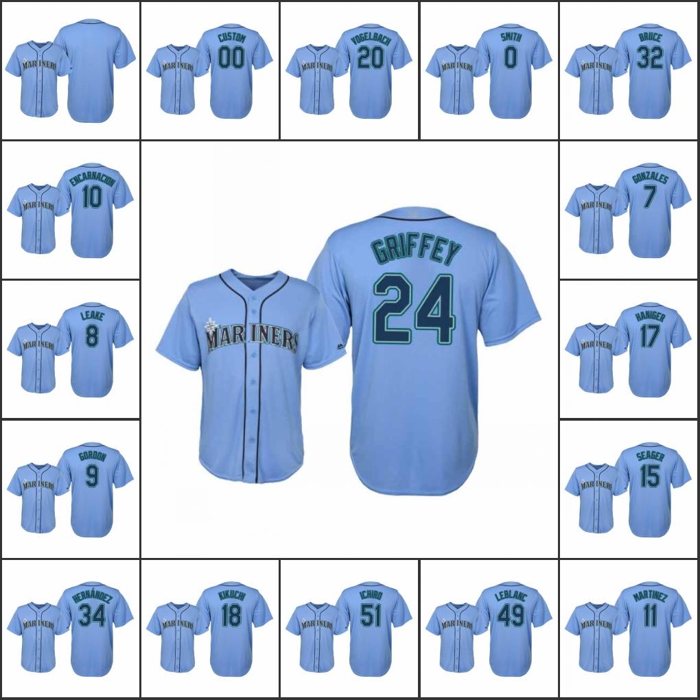 

SeattleMarinersMen #24 Ken Griffey Jr. 51 Mariners Ichiro 11 Edgar Martinez Women Youth Majestic Official Jersey Custom Stitched S-6XL, Black