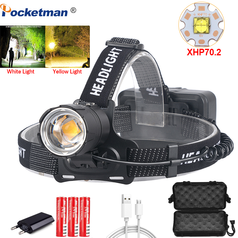 

8000LM XHP70.2 Led Headlamp XHP70 Most Powerful Yellow or White Led Headlight Fishing Camping ZOOM Torch Use 3*18650 batteries