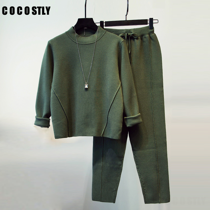 

new 2020 Women Tracksuit 2 two Pieces Set Knitted Pullover Cashmere Sweaters Tops Long Sleeve Sweatshirt + Pants Women's Sets, Army green