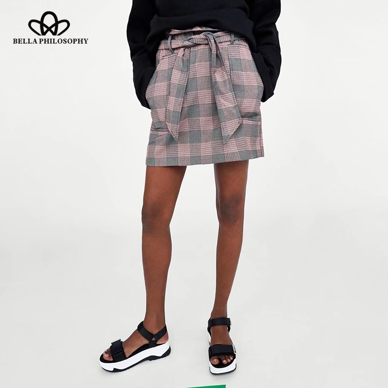 

Herstory 2020 spring women casual pink plaid skirt high waist ladies mini skirt fashion sashes female straight, Oink