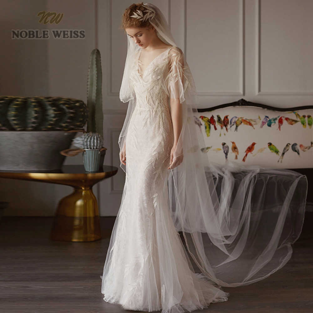 

Wedding Dress Mermaid V-neck Sweep/ Brush Train Lace Beach Wedding Dress Beach Wedding, Ivory