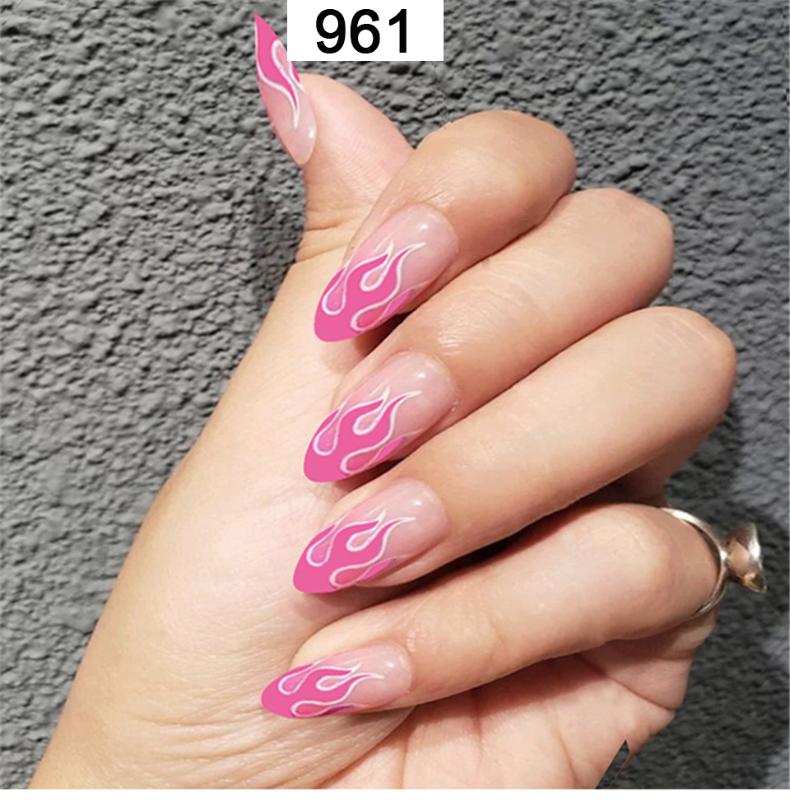 

24pcs Ladies DIY Fake Nails Fire Pattern Punk Cool Girl Coffee Color Mirror Full Cover Short Press on Nail Manicure False Nails, Jp987-b3