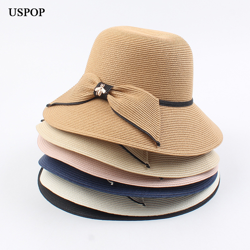 

USPOP 2020 Women sun hats summer straw hats soft bow wide brim beach, White