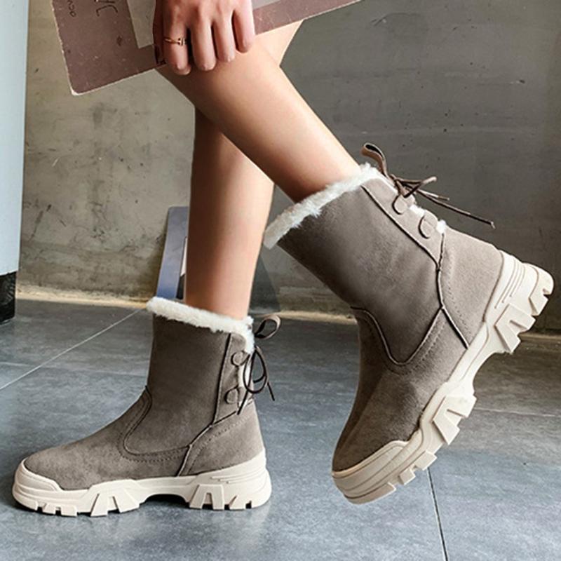 

2020 New Winter Women Ankle Boots Heels Solid Flock Warm Short Plush Basic Platform Soft Back Tie Lining Shoes Woman Ankle Boots, Black
