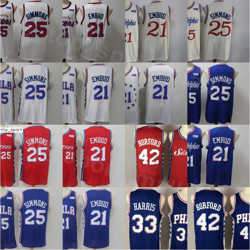 

Men Basketball Joel Embiid Jerseys 21 Ben Simmons 25 Al Horford 42 Tobias Harris 33 Team Color Blue WHite Red Beige High/Top, 21 blue