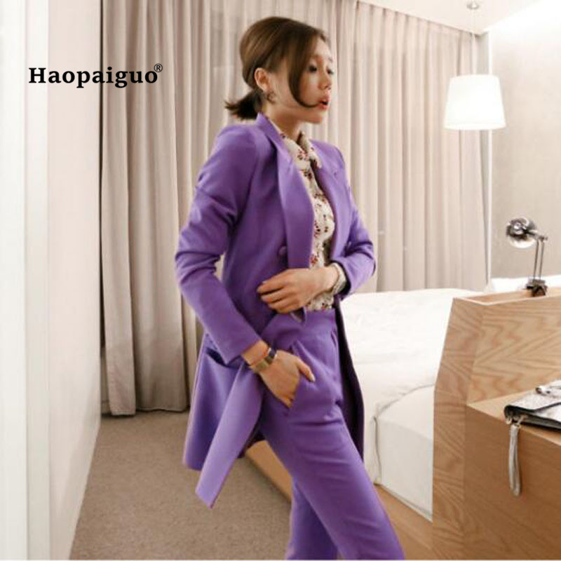 

2 Piece Set Women Autumn Red Purple Full Sleeve Turn-down Collar Casual Suit Top and Full Length Office Lady Pants Two Piece Set