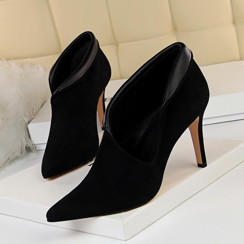 

European And American Fashion High-heeled Women's Shoes Suede Pointed Sexy Nightclub Was Thin And Hollow Deep Mouth Single Shoes, Black