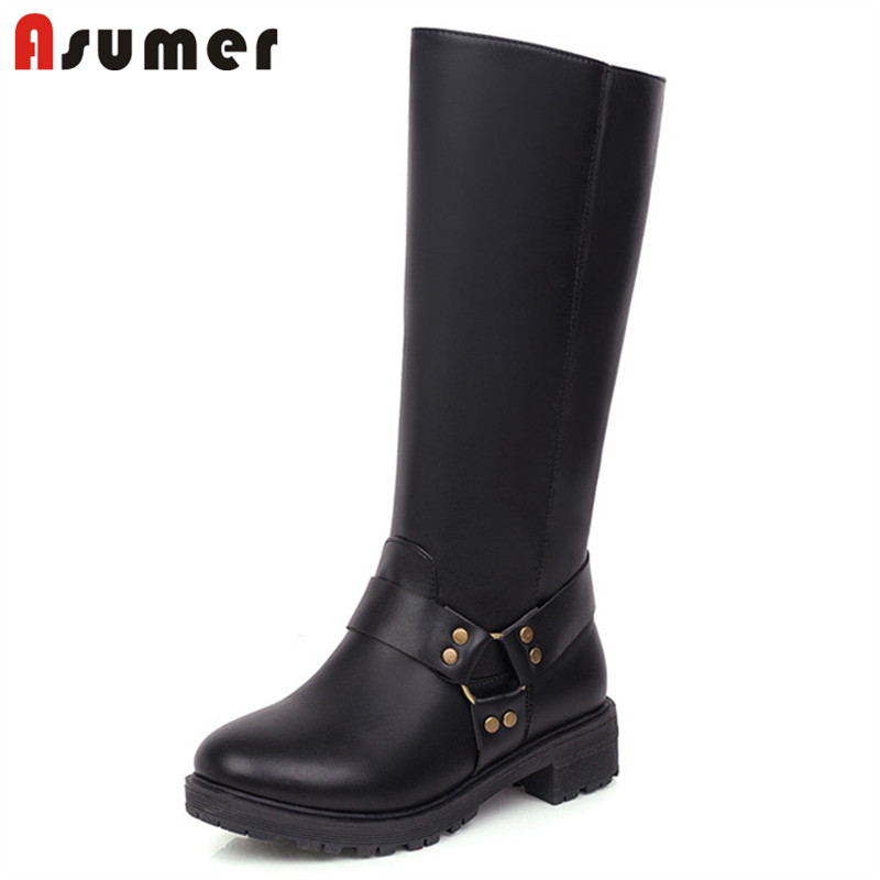 

ASUMER 2020 hot fashion mid calf boots women round toe pu rivet low heels casual shoes ladies autumn winter riding boots woman, Black
