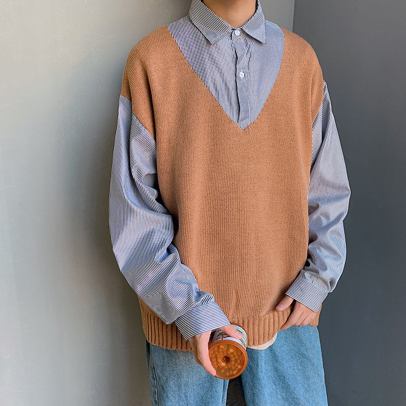 

2019 autumn/winter new fake two-piece sweater men's Korean version of loose shirt collar trend handsome bottom sweater sweater, Black