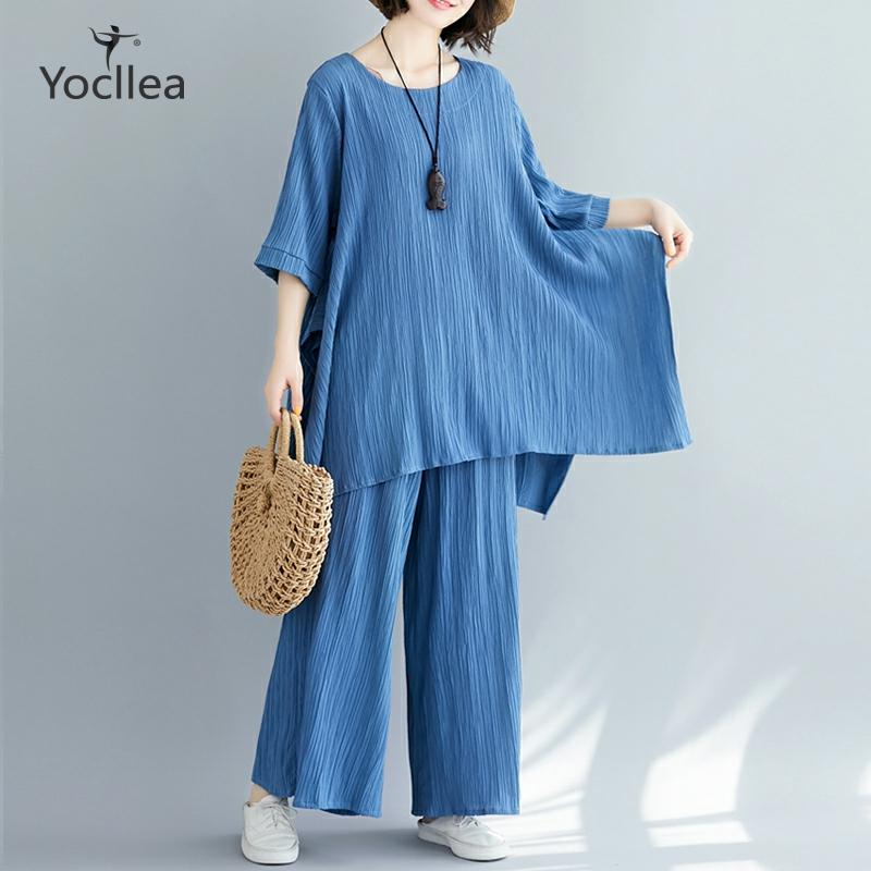 

Summer two piece set cotton and linen irregular loose wide leg pants solid color fashion suit Large size women's sets, Blue