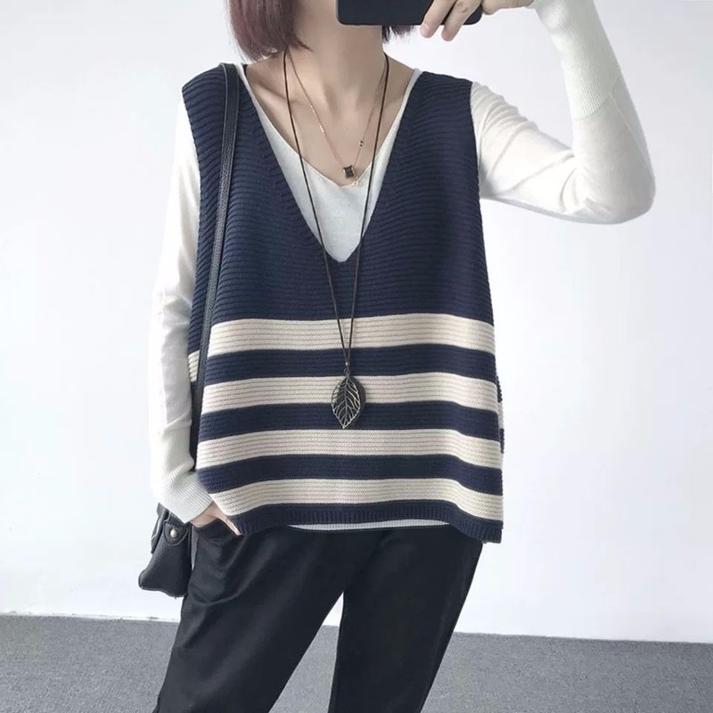 

New vest jacket loose V-neck striped knitted vest sweater pullover women's top, Beige
