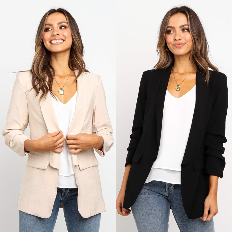 

New Autumn And Winter Woman Casual Blazer Long-sleeved Solid Color Blazer Double Pocket Lapel Casual Coats Fashion Simple, Black