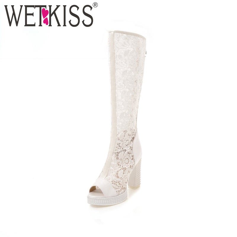 

WETKISS 2020 New Summer Knee High Women Boots Peep Toe Zipper Pu Platform Footwear Spring Fashion Lace High Heels Ladies Shoes, Black