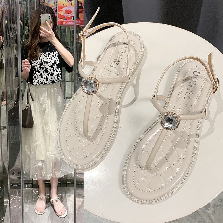 

women's summer 2020 new seaside Rhinestones with toes Roman shoes herringbone fashion net red versatile beach shoes, See chart