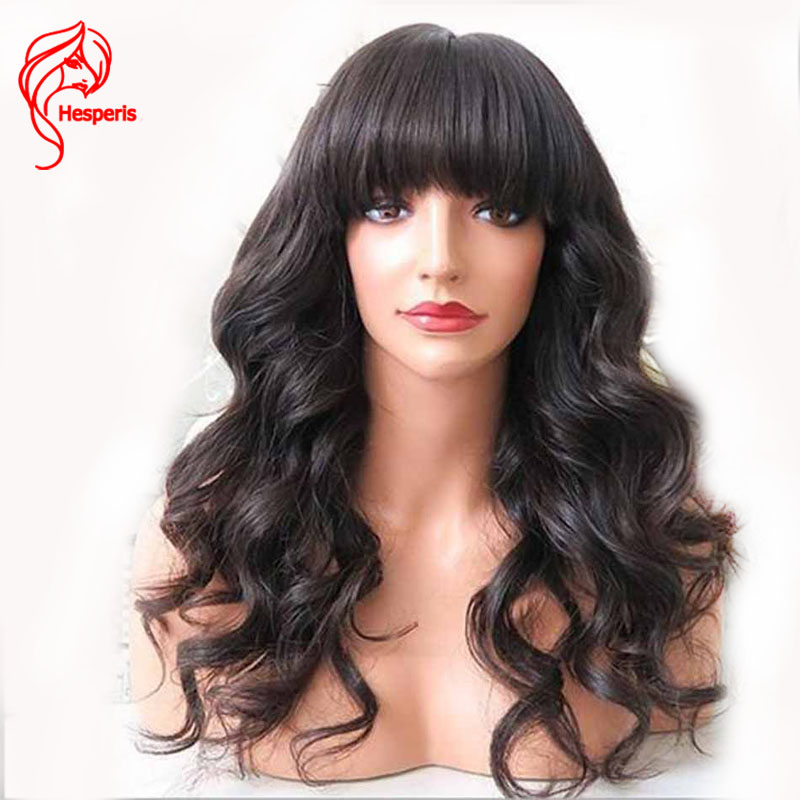 

Hesperis Brazilian Wavy Wigs with Scalp Top Remy Hair Glueless Human Hair Wigs With Bangs Full Machine Made Wig for Women, Natural color