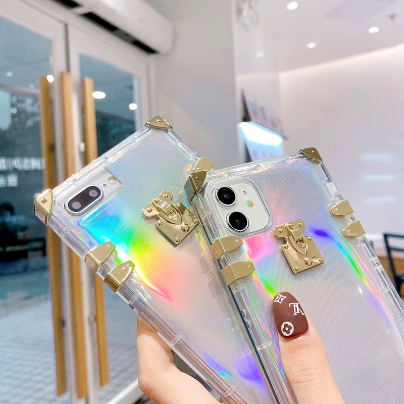 

Luxury Square Laser Transparent Phone Case For iPhone 12ProMax 11 XR X XS Max 7 8Plus Laser Rainbow Soft Silicone Shockproof Cover For iPhon, Pink