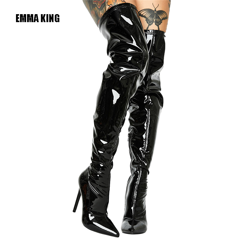 

2020 New Black/White Leather Boots Crotch Thigh High Heeled Pointed Toe Shoes Over The Knee Thin High Heels Party Boots Women, Beige