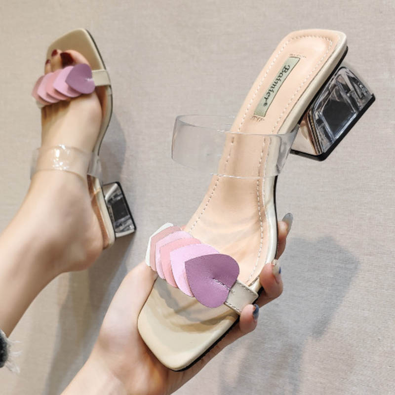 

Gradientcolor Heart-shaped clear band slip on gladiator sandals women slippers transparent thick heels shoes woman sandalias2020, Black