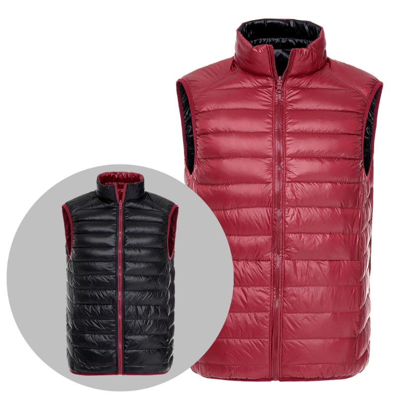 

New Autumn Winter Double Side Sleeveless Jacket Men Winter Ultralight White Duck Down Vest Reversible Windproof Warm Waistcoat, Red and khaki