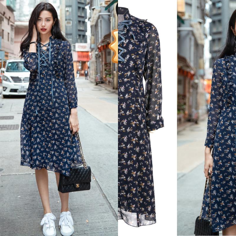 

Floral Sexy Ladies Print Boho Beach Chiffon Dress Lace Up Neck Long Flowers Fashion Women Clothing Summer Dresses, Blue