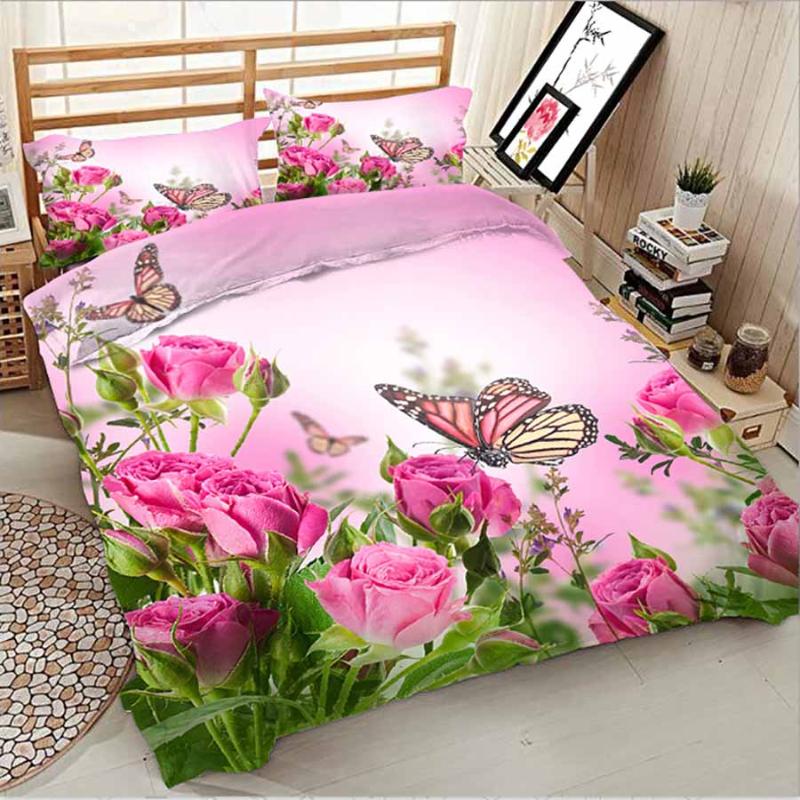 

WOSTAR Summer classic 3d bedding sets bed sheet duvet cover pillowcase home textiles king size bedding set Rose butterfly, White