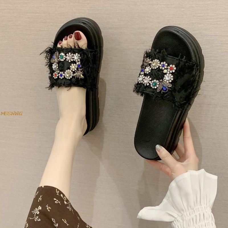 

Summer New Women's Slippers Fashion Crystal Cloth Thick Bottom Ladies Shoes Peep Toe Comfortable Anti Slip Women Slippers, Black